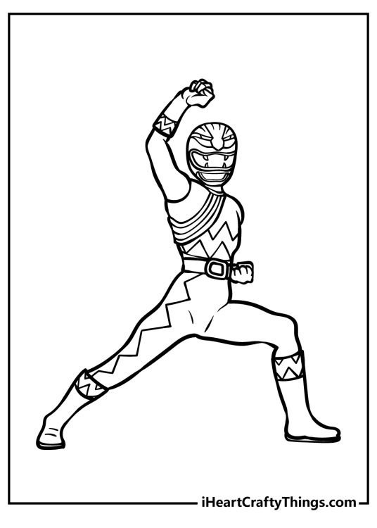 Coloring picture featuring Power Ranger in a fighting position wearing fierce-looking mask