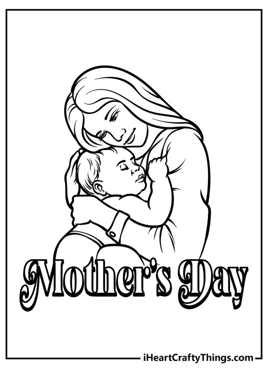 Mothers day coloring image featuring a moment of calm when mother hugging her little son