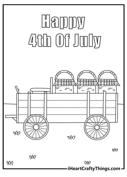 4th of July coloring page for kids with a wagon full of picnic baskets
