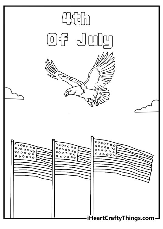 4th of July coloring page with a bald eagle flying over a row of flags