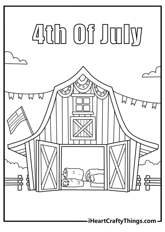 4th of July coloring page with a country barn and flag bunting