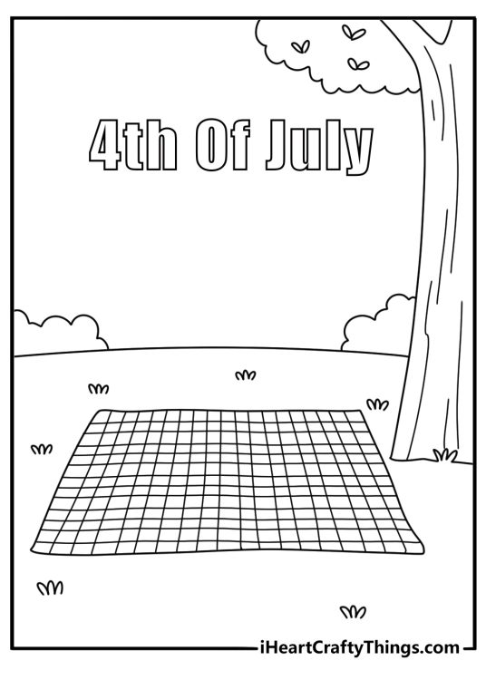 4th of July coloring page with a family picnic blanket under a tree