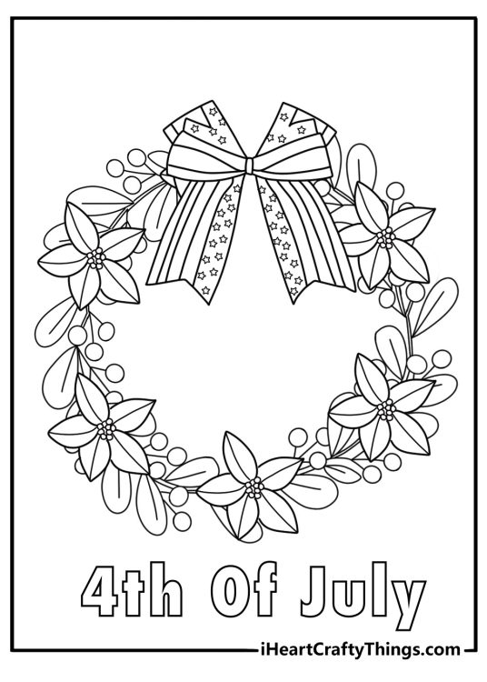 4th of July coloring page with a porch swing and patriotic wreath
