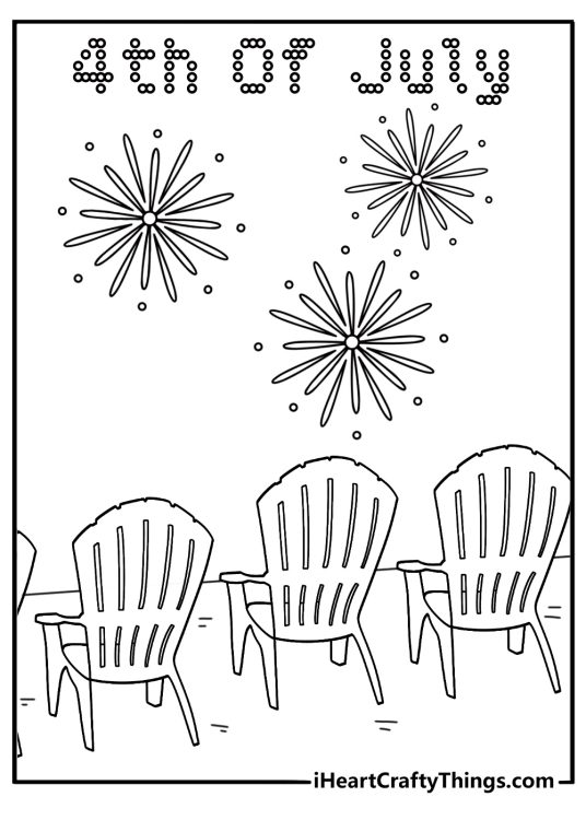 4th of July coloring page with a row of lawn chairs facing a fireworks stand