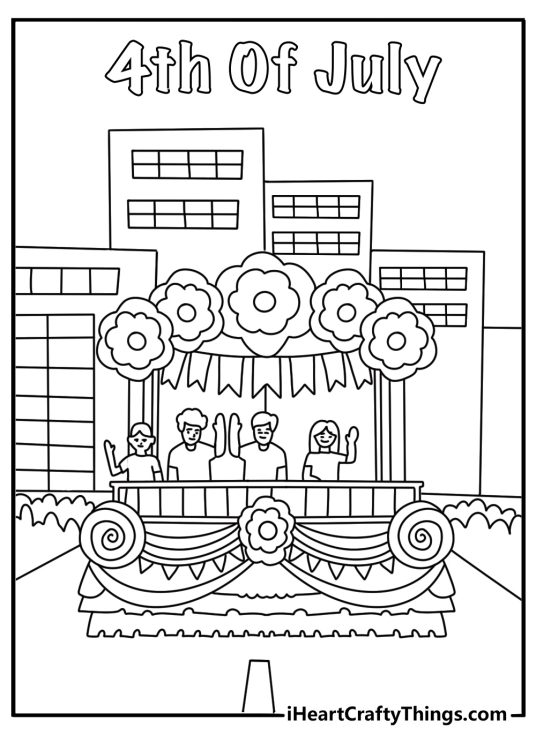 4th of July coloring pages scene with a parade float rolling down Main Street