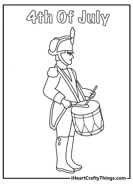 4th of July coloring sheet with a drum beside parade boots