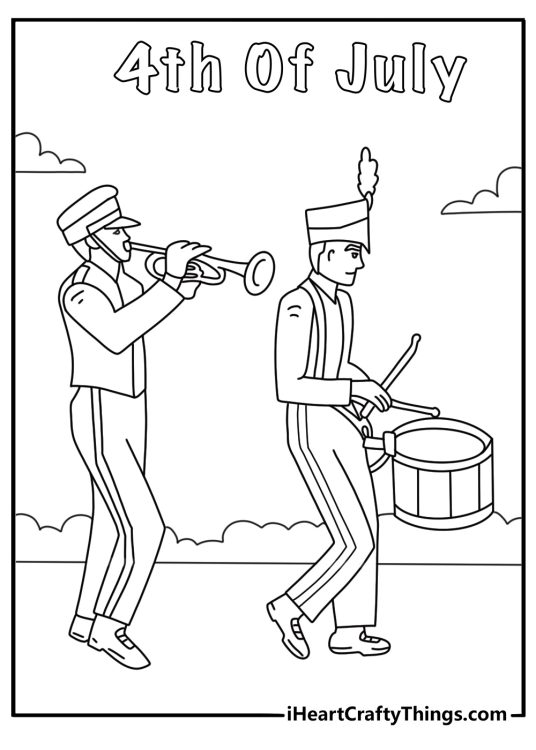 4th of July printable with a marching band snare drum and trumpet