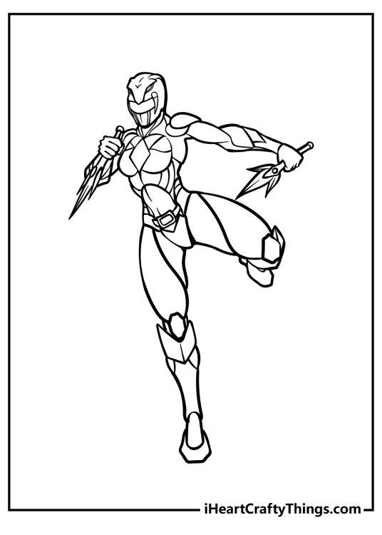 Power Rangers coloring sheet depicting a ranger using some very cool weapons while striking a pose