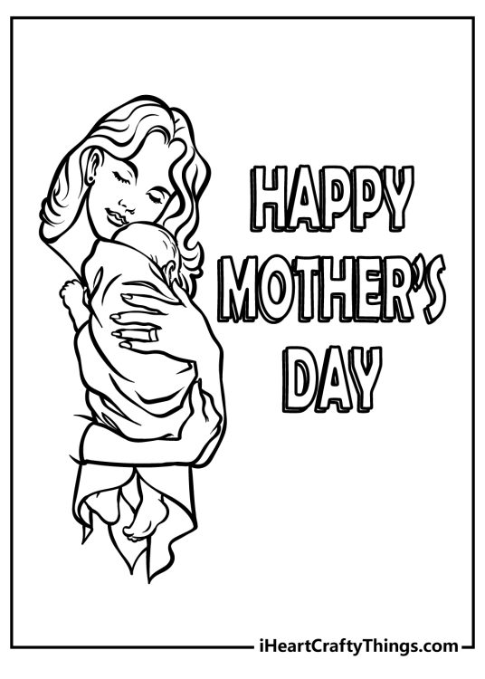 Mothers day picture of a mother holding her baby on the left and a Happy Mothers Day greeting on the right side