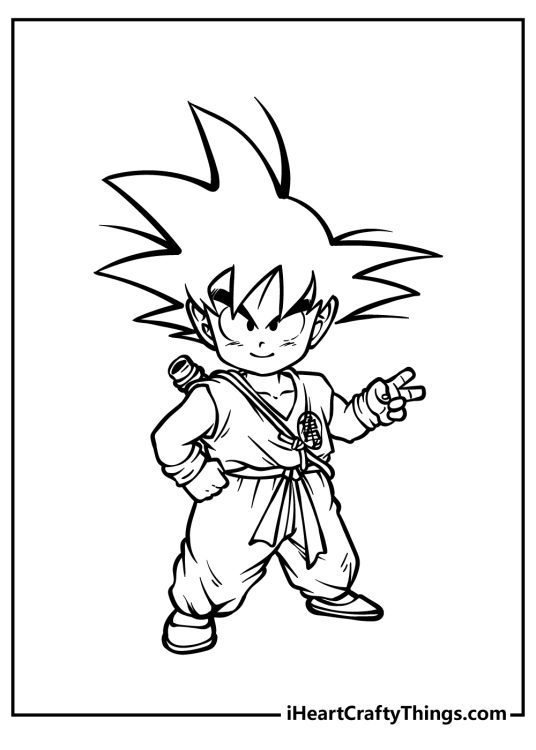 Dragon Ball Z printable image featuring portrayal of confident Kid Goku showing peace sign