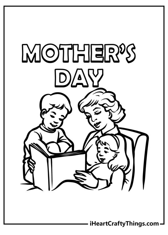 Mothers day coloring image featuring a lovely scene of two kids reading a book with their mom