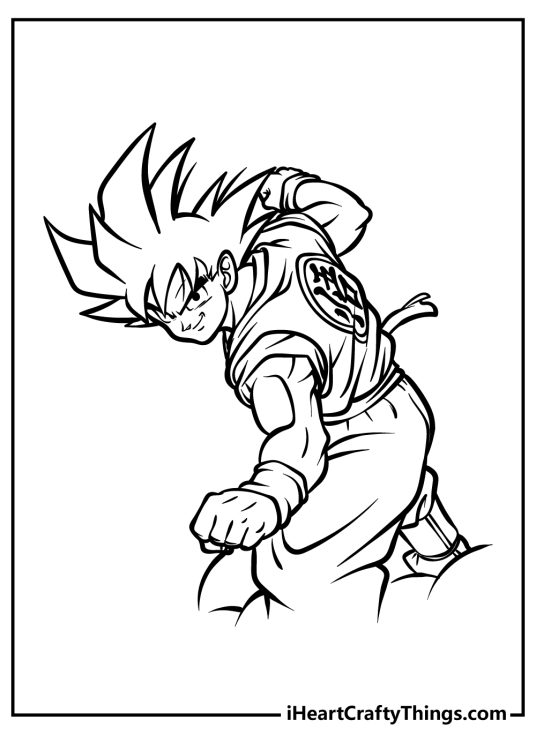 Coloring image for kids of a confident-looking Goku from Dragon Ball Z in a pose ready for action