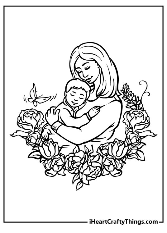 Mothers day printable depicting floral arrangement surrounding loving mother hugging her son
