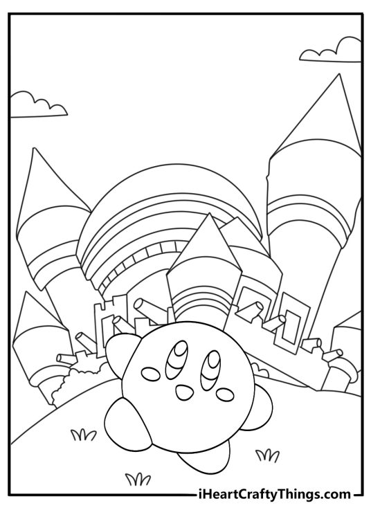 A Dream Land castle stands behind Kirby in this printable sheet