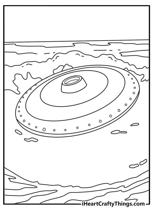 A UFO rises from an underwater base in this detailed coloring page