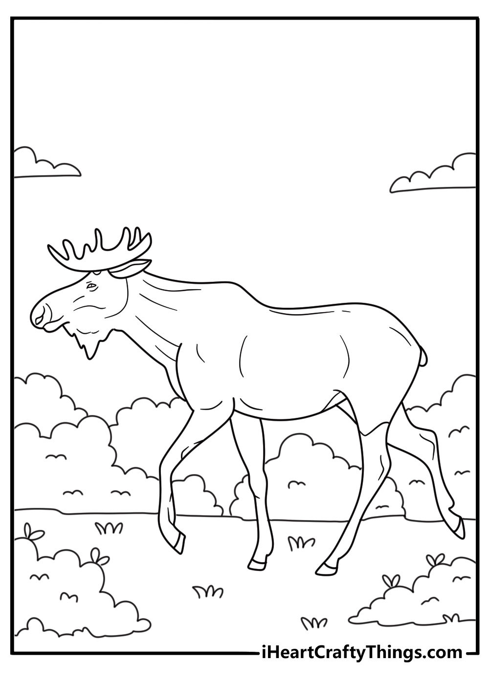 A bull moose stands among colorful autumn shrubs in this free printable