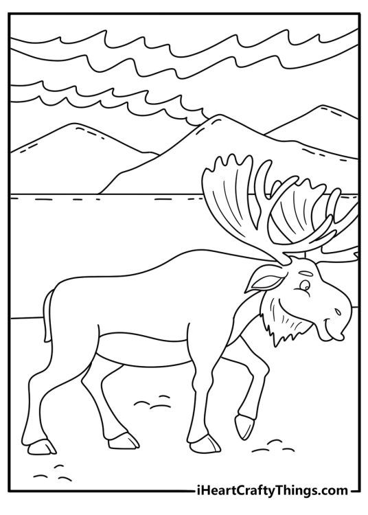 A canoe passes a moose along the edge of a northern lake in this printable