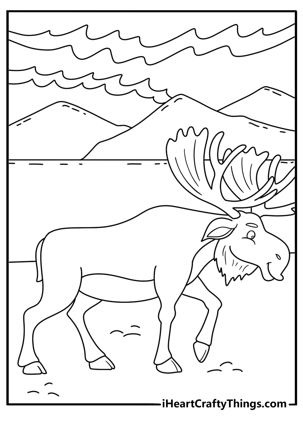 A canoe passes a moose along the edge of a northern lake in this printable