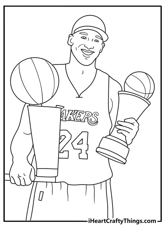 A championship trophy stands beside Kobe in this Lakers coloring sheet