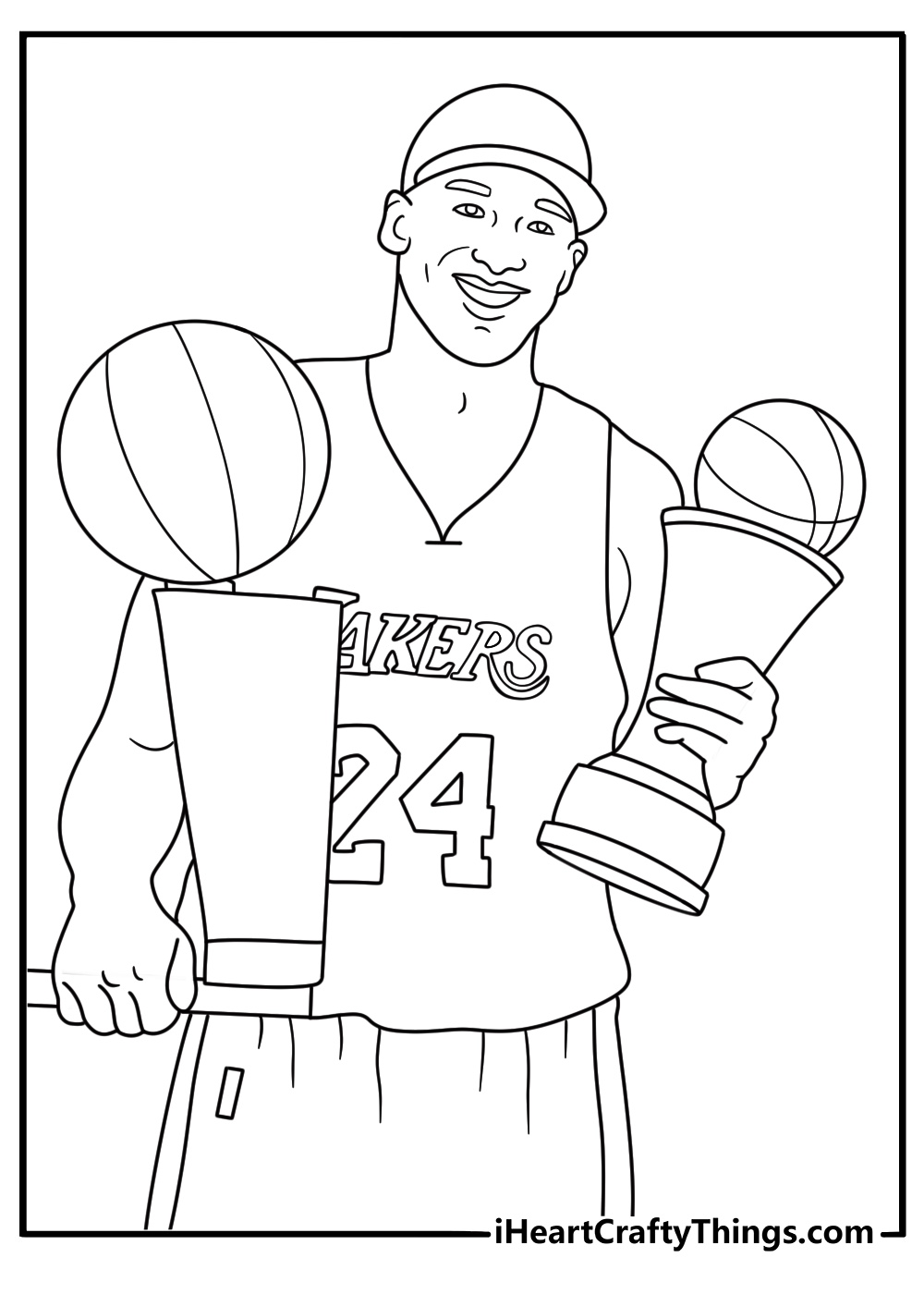 A championship trophy stands beside Kobe in this Lakers coloring sheet