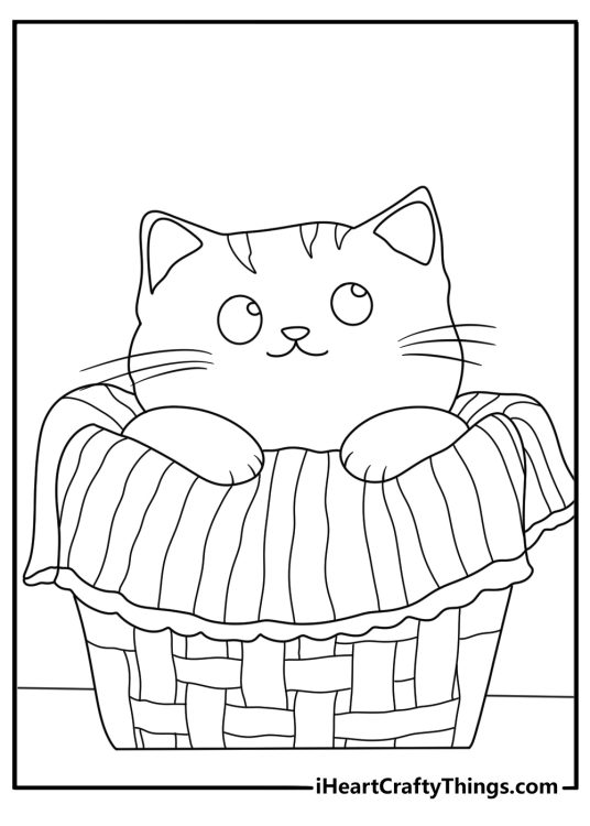 A cozy cat basket with a curious kitten makes this printable coloring sheet