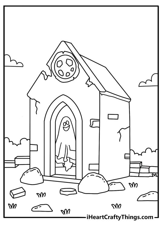 A detailed ghost printable shows a transparent figure inside a ruined chapel