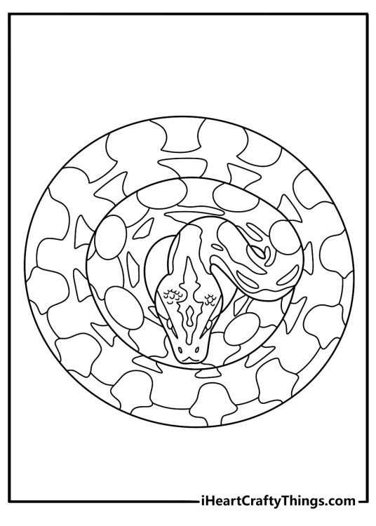 A detailed snake coloring page for adults features scale patterns inside a long body