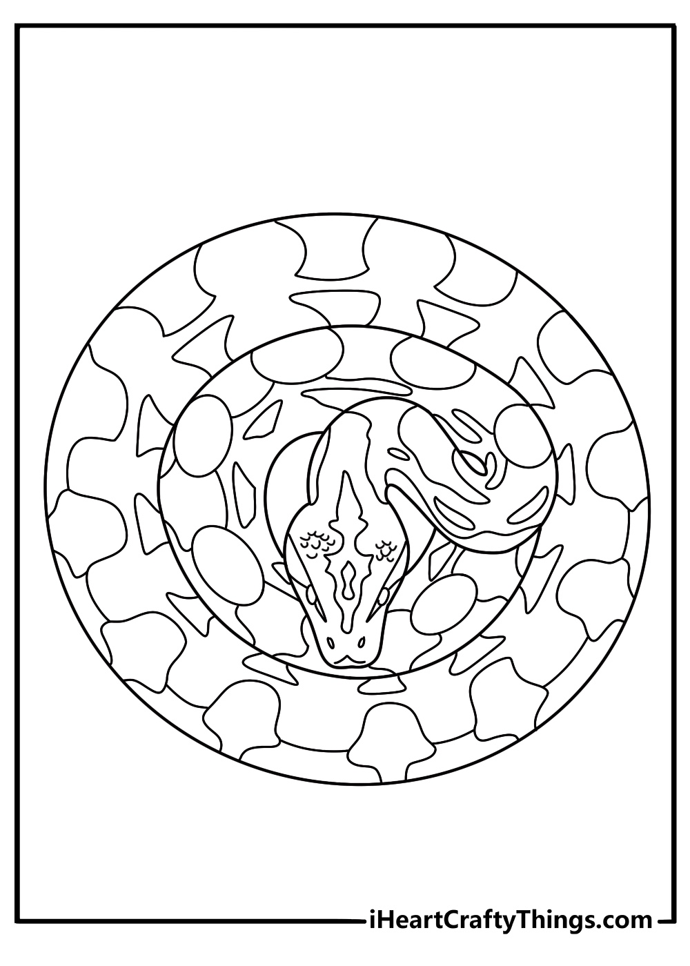 A detailed snake coloring page for adults features scale patterns inside a long body