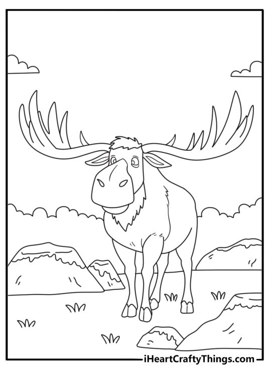 A fallen antler rests beside mossy rocks in this nature coloring sheet