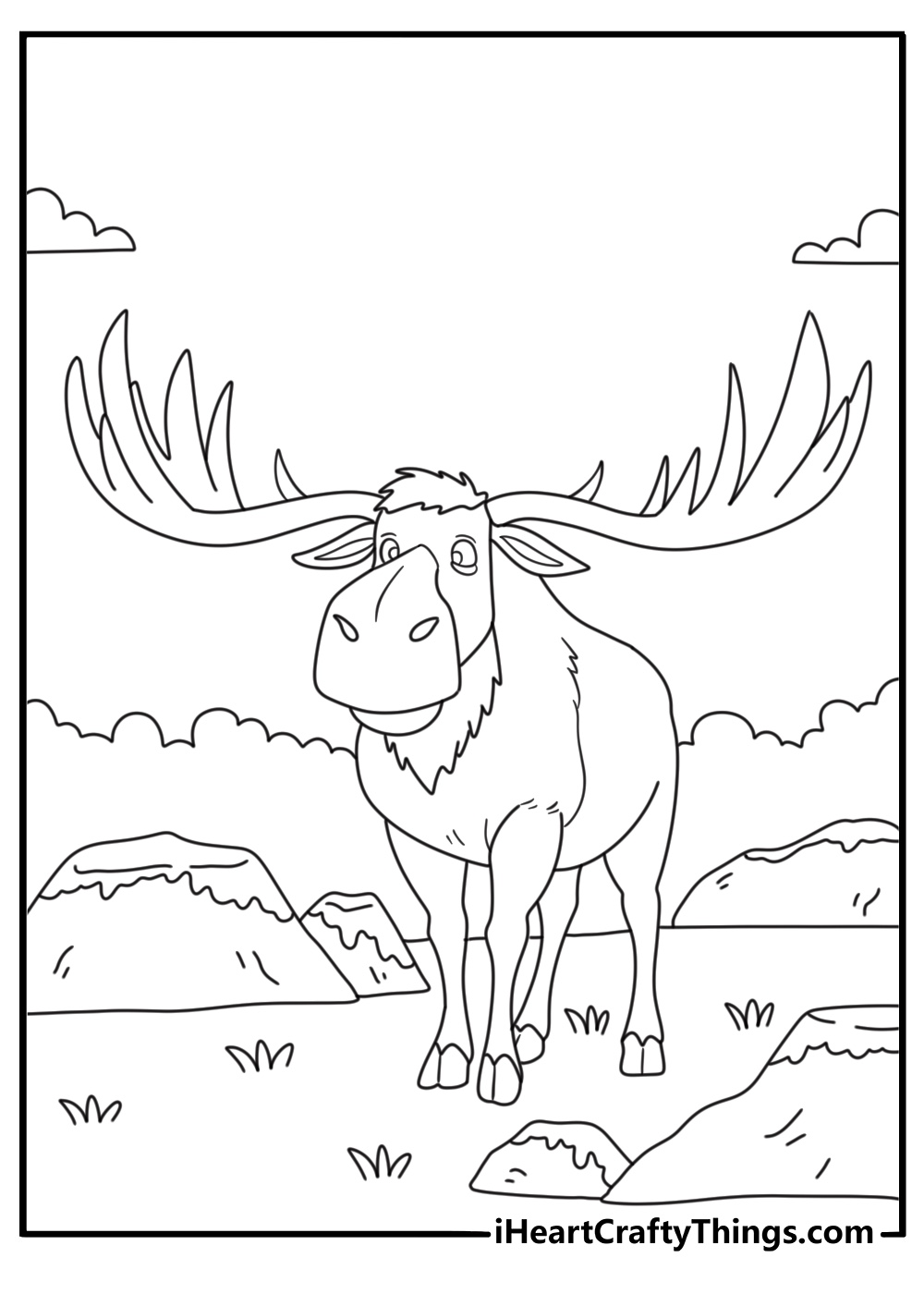 A fallen antler rests beside mossy rocks in this nature coloring sheet