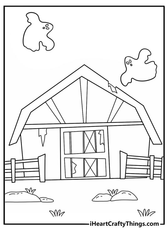 A floating ghost explores an old barn in this simple Halloween page