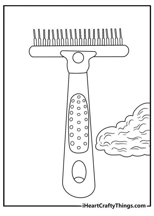 A grooming brush rests near thick shed fur on this detailed coloring page