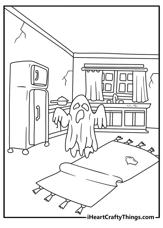 A haunted kitchen with a floating ghost makes this printable coloring sheet