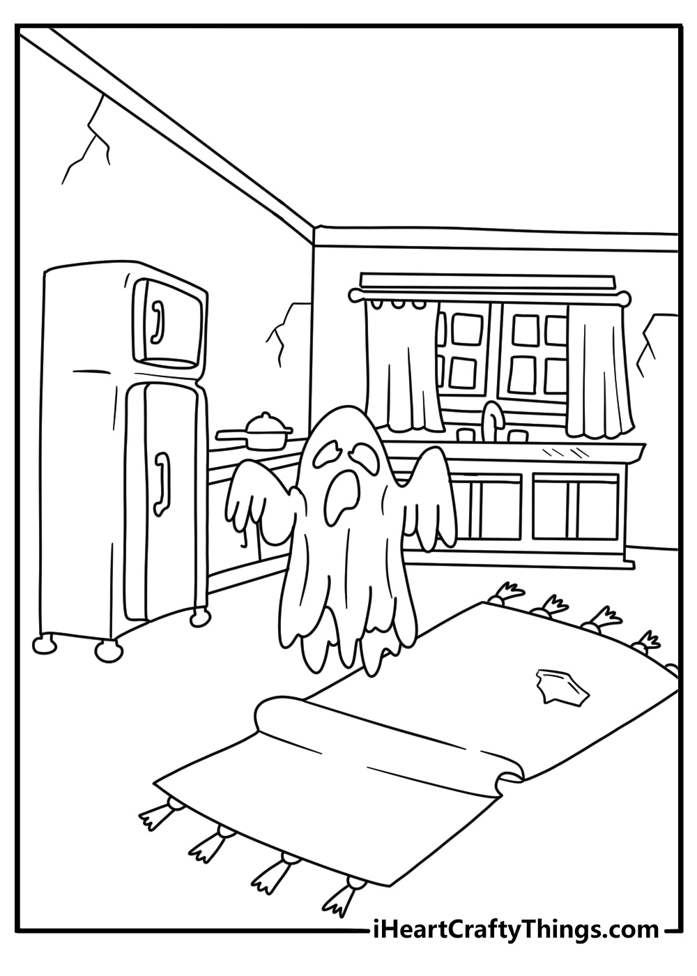 A haunted kitchen with a floating ghost makes this printable coloring sheet