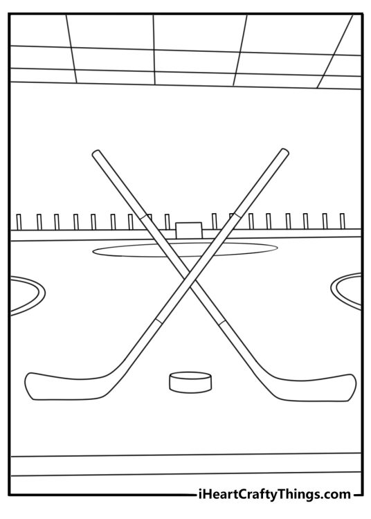 A hockey arena entrance with crossed sticks makes this easy coloring sheet