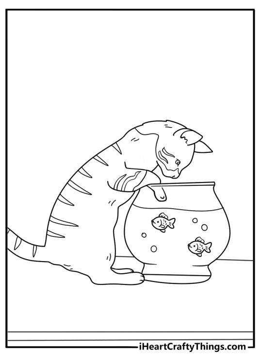 A kitten watches goldfish through an aquarium in this simple coloring page