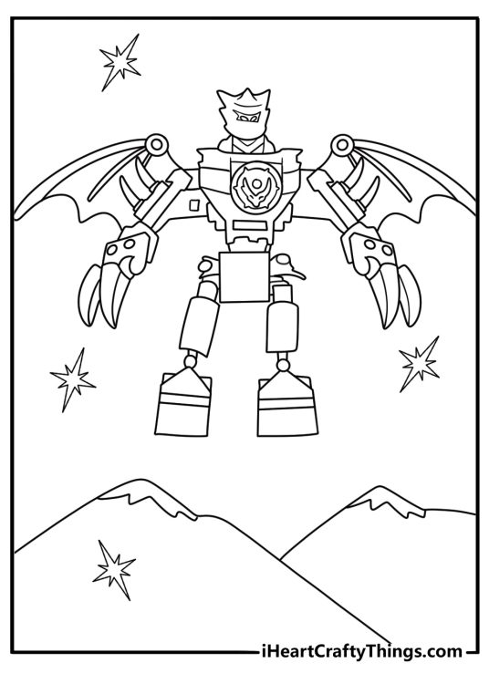 A mighty dragon flies over the mountains in this fantasy coloring sheet