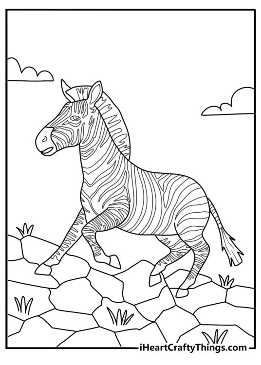 A mountain zebra climbs a rocky slope in this detailed coloring page