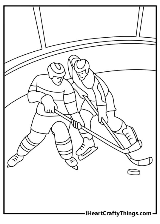 A player checks an opponent along the boards in this NHL coloring sheet