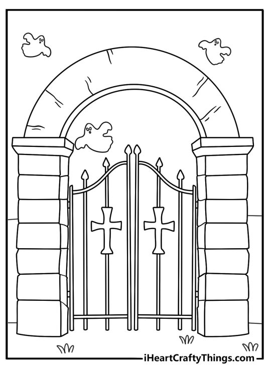 A quiet cemetery gate with a distant ghost fills this free printable