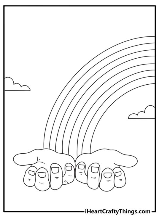 A rainbow stretches above joined hands in this simple coloring printable