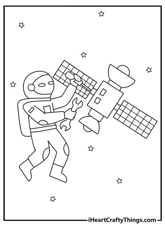 A robot alien repairs a broken satellite in this fun coloring printable