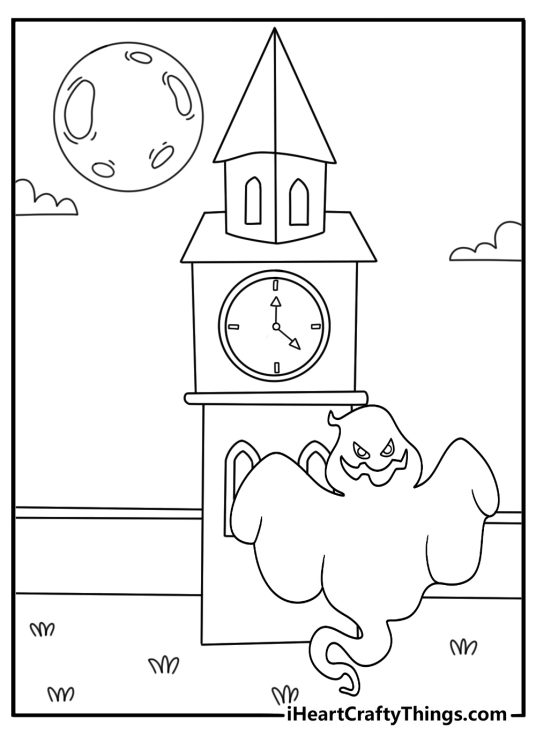 A simple Halloween coloring sheet shows a ghost near a clock tower