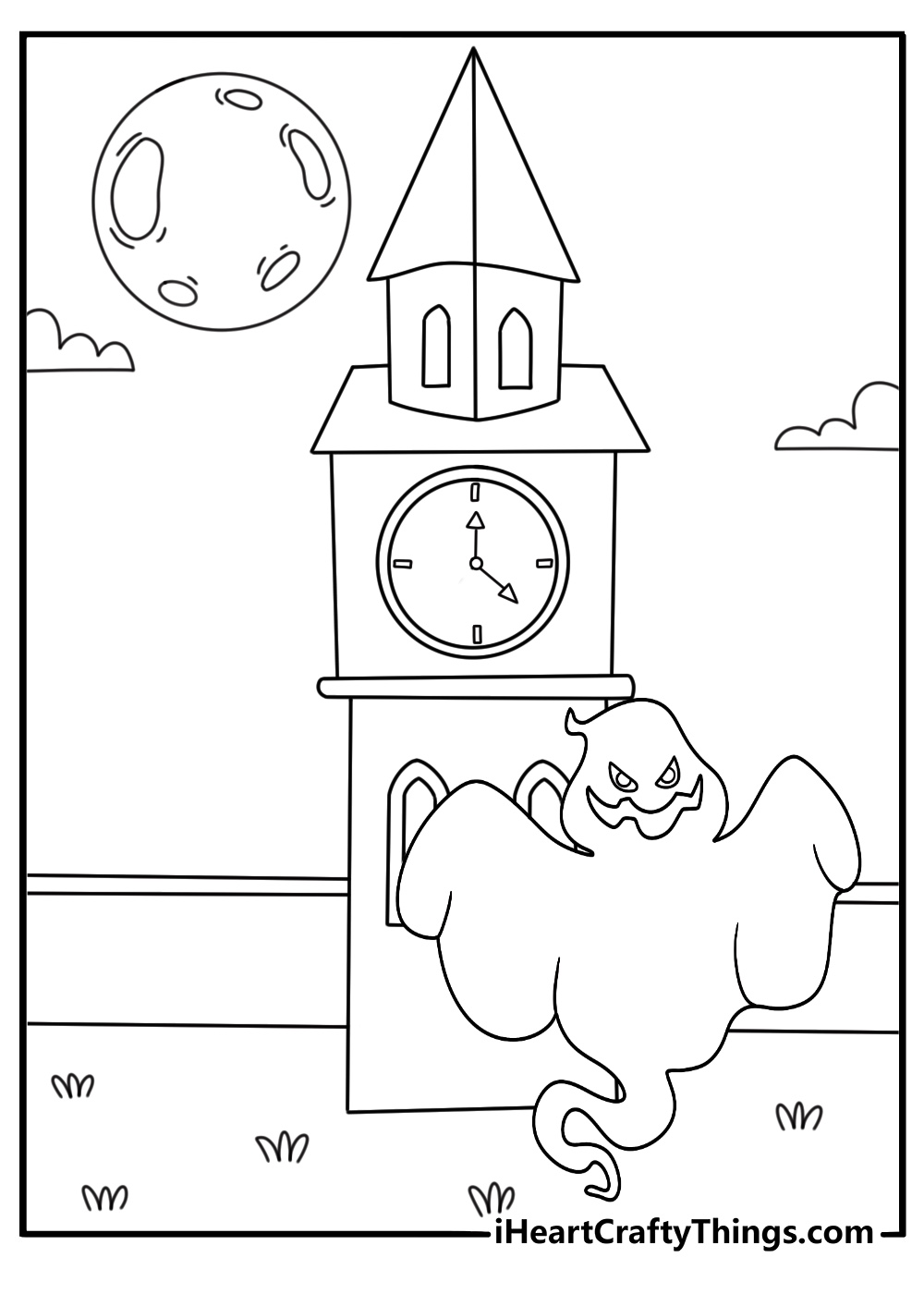 A simple Halloween coloring sheet shows a ghost near a clock tower