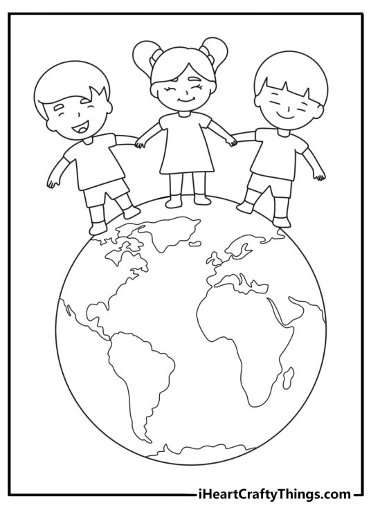 A simple coloring page shows children standing around the globe