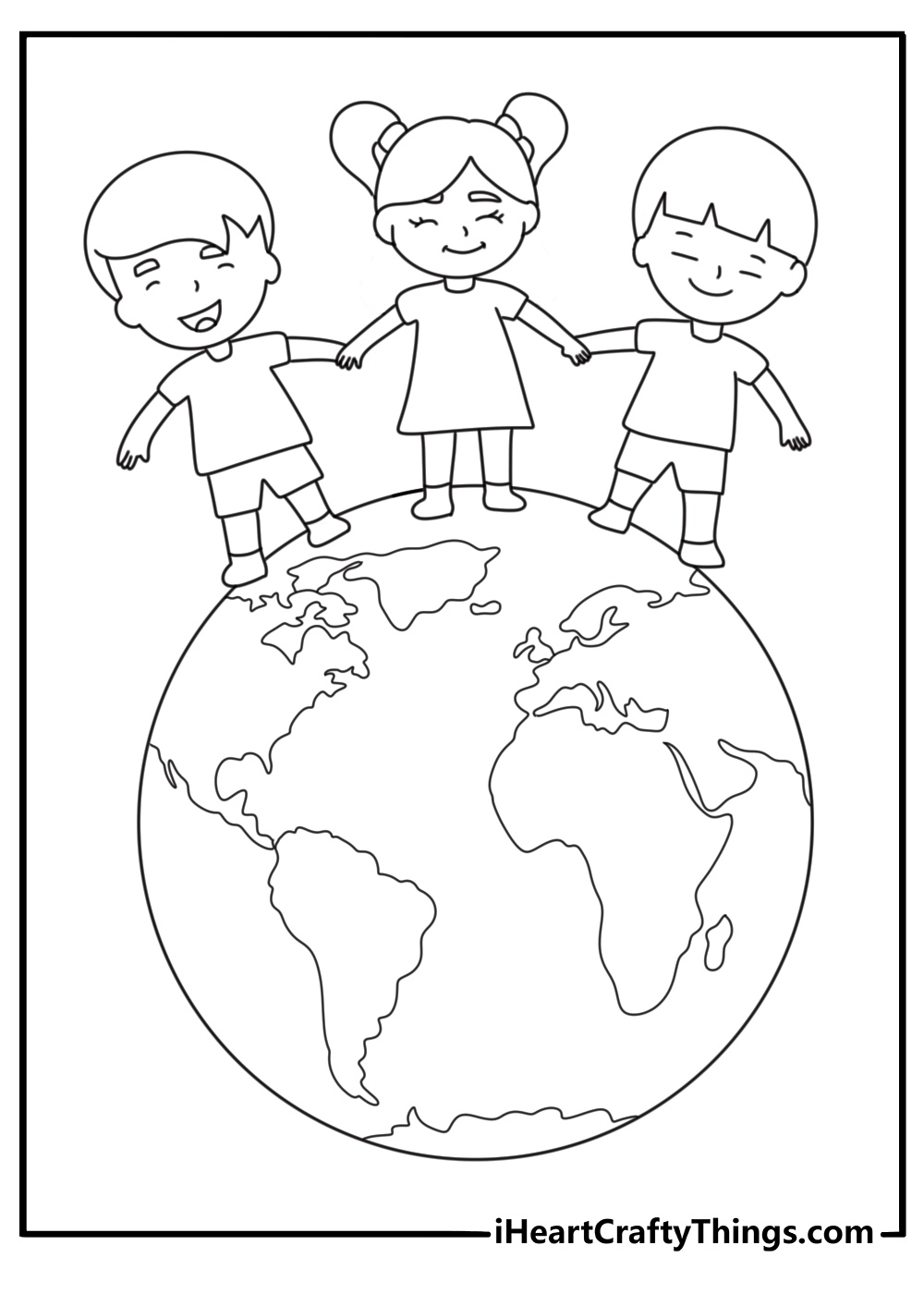 A simple coloring page shows children standing around the globe