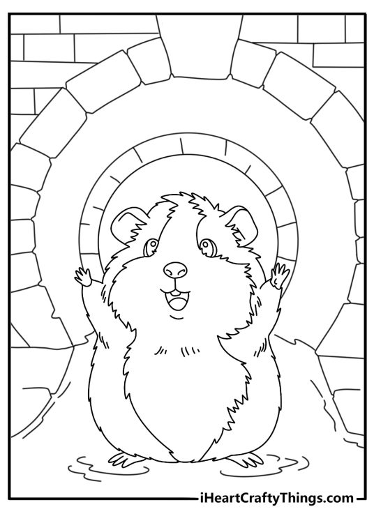 A simple coloring sheet shows a guinea pig inside a cozy tunnel
