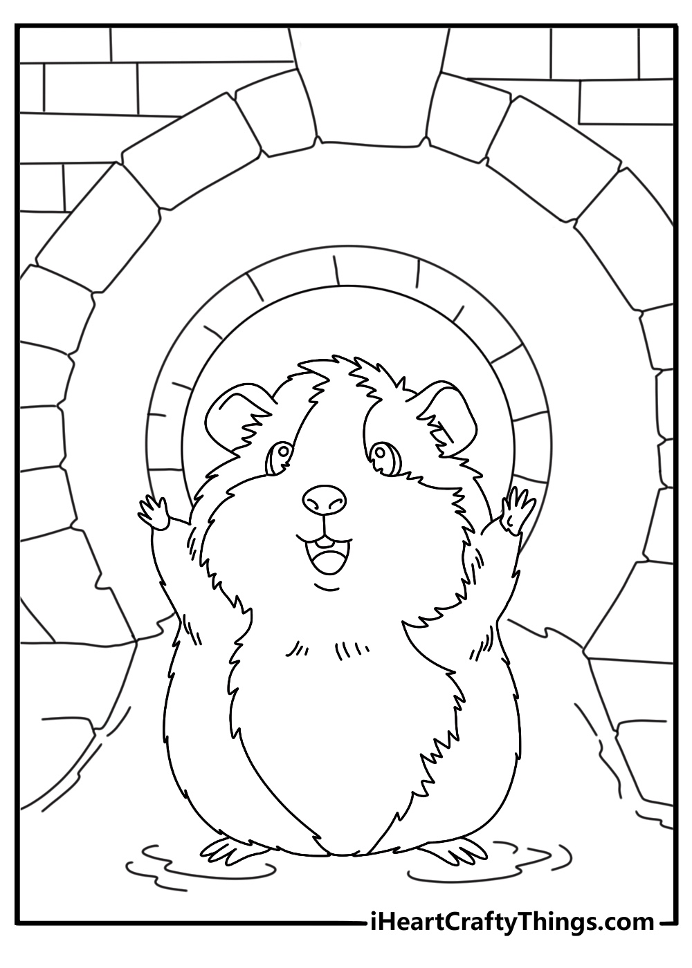 A simple coloring sheet shows a guinea pig inside a cozy tunnel