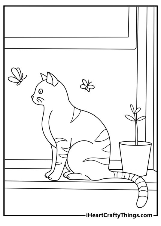 A simple coloring sheet shows a kitten watching a butterfly from a windowsill