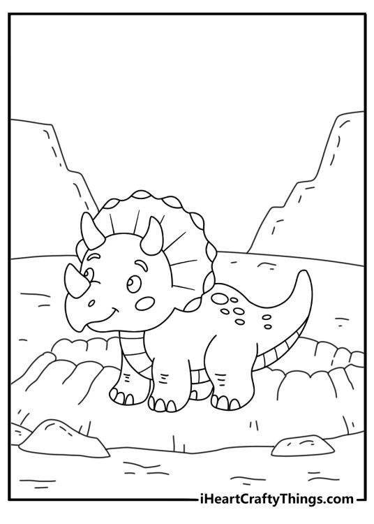 A simple dinosaur coloring sheet shows a baby triceratops near its nest